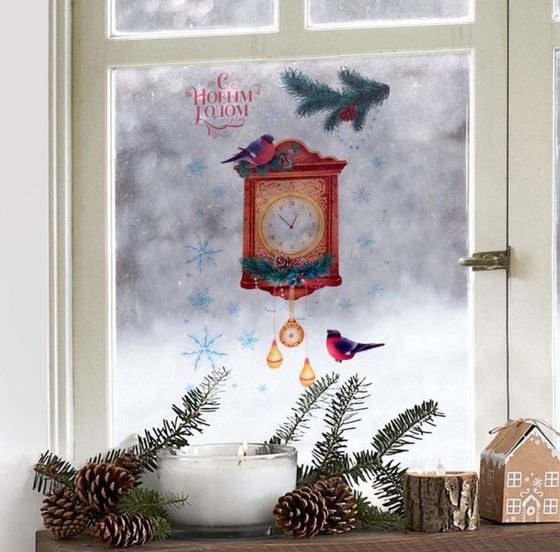 !09 Наклейки для окон &quot;Старинные часы&quot; 20*34 см., многоразовые