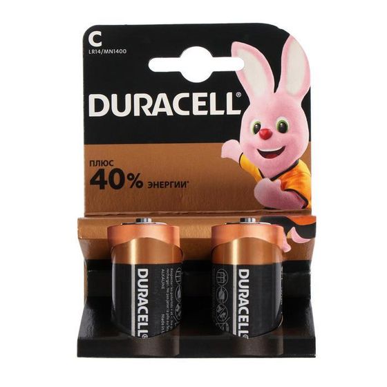 Батарейка алкалиновая Duracell Basic, C, LR14-2BL, 1.5В, блистер, 2 шт.