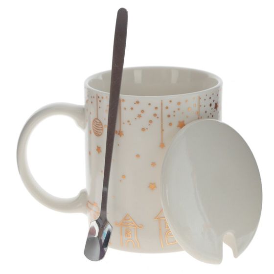 Кружка с крышкой и ложкой, 300 мл, L12 W8 H10 см, дизайн микс