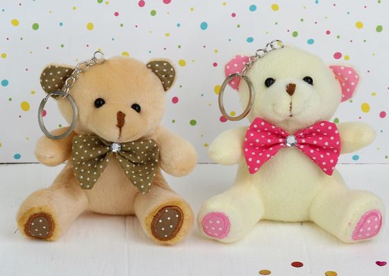 !09 Плюшевый игрушка-брелок «Мишка», бант в горошек, 10 см. цвет светлый беж