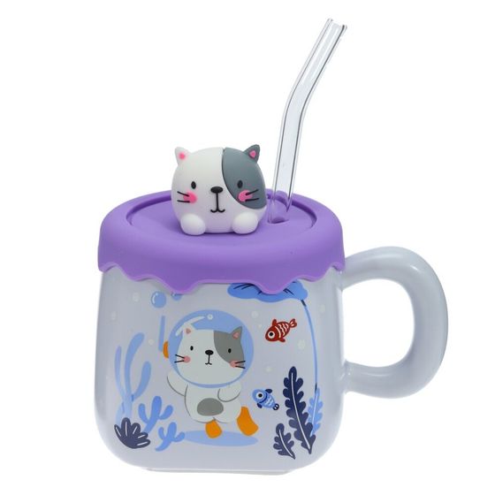 Кружка с крышкой и трубочкой, 400 мл, L13 W9,5 H12 см,дизайн микс