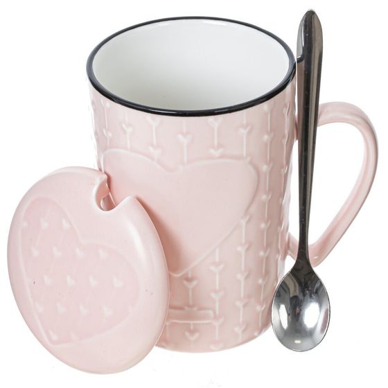 Кружка с крышкой и ложкой, 400 мл, L11,5 W8,5 H13 см, дизайн микс