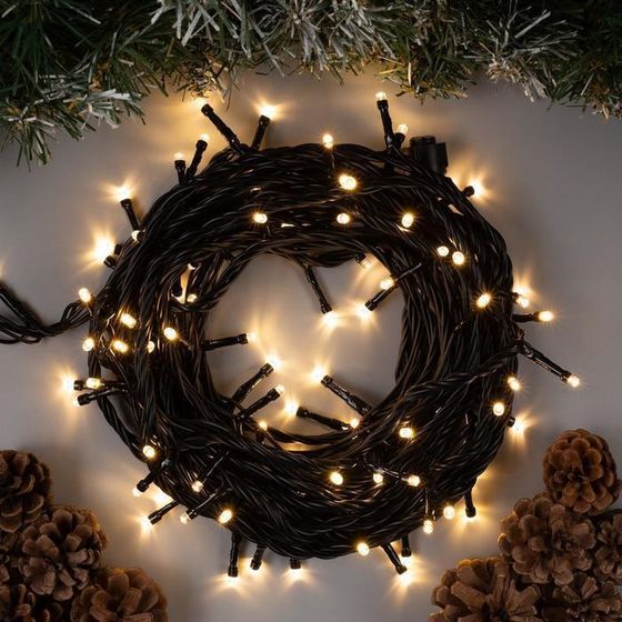 !09 Гирлянда «Нить» 10 м, IP44, УМС, тёмная нить, 100 LED, свечение тёплое белое, 220 В