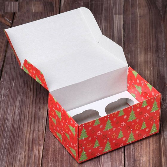 !09 Коробка на 2 капкейка /комплект 6 штук/ "Ёлки красные", 16 х 10 х 8 см.