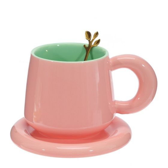 Кружка с блюдцем и ложкой, 300 мл, L16 W13 H10 см, цвет микс