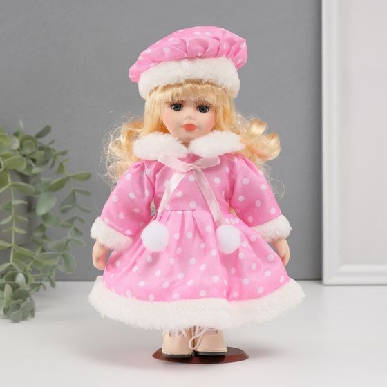 Кукла коллекционная керамика &quot;Малышка Лиза в розовом платье в горох, с мехом&quot; 21 см
