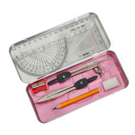 !!Готовальня Mazari  - 2 набора - 9 предметов: 2 циркуля, угольник (60 х 30 х 90), угольник (45 х 45 х 90), линейка (15 см), транспортир, карандаш, ластик, точилка