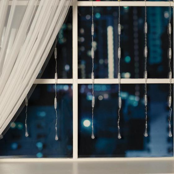 !09 Гирлянда «Занавес» 2.5 x 0.65 м с насадками «Капли», IP20, прозрачная нить, 50 LED, свечение белое, 8 режимов, 220 В