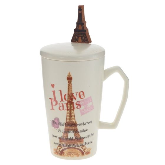 Кружка с крышкой и ложкой, 300 мл, L10 W8 H13 см, дизайн микс