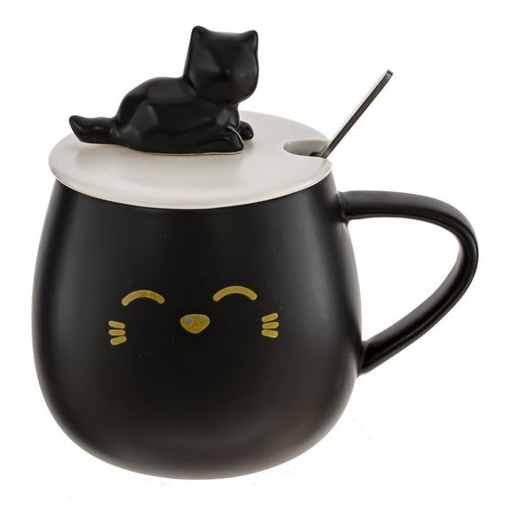 Кружка с крышкой и ложкой, 400 мл, L8 W8 H8,5 см, дизайн микс