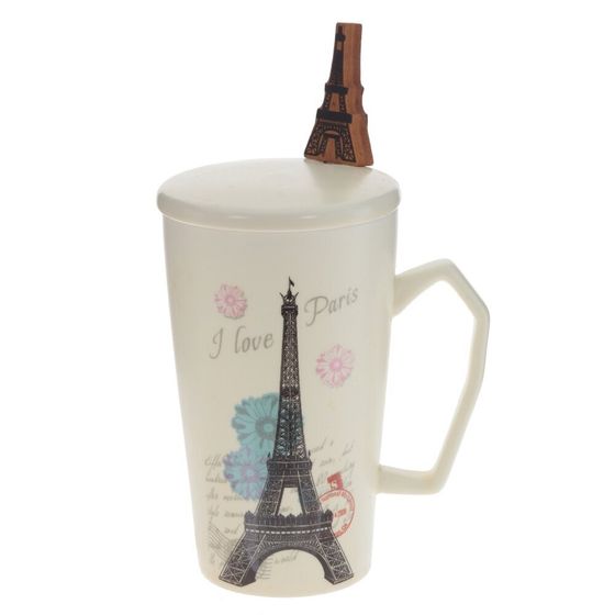 Кружка с крышкой и ложкой, 300 мл, L10 W8 H13 см, дизайн микс