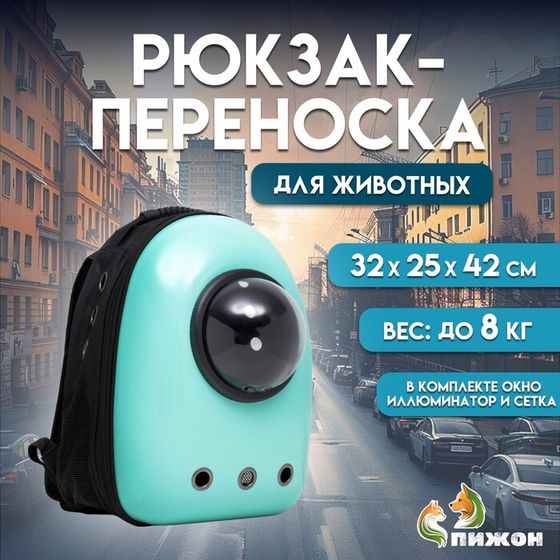 Рюкзак для переноски кошек и собак, с окном, 32 х 25 х 42 см, мятный