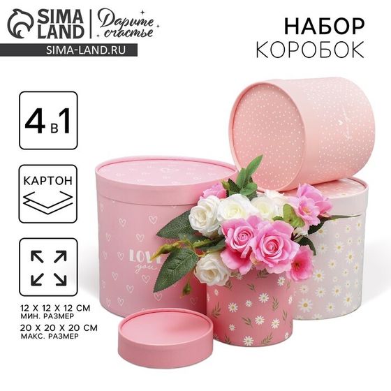 Набор шляпных коробок 4 в 1, упаковка подарочная, «Ромашки», 12 х 12 х 12 - 20 х 20 х 20 см