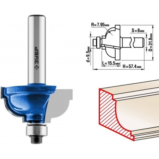 Фреза кромочная ЗУБР 28709-31.8, калевочная №7, R = 8 мм, 31.8 x 17 мм