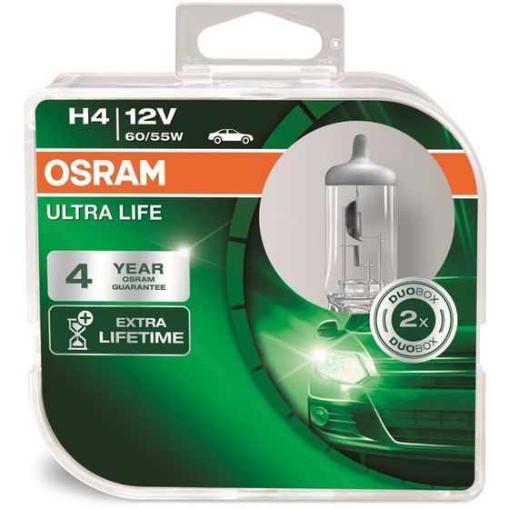 Лампа автомобильная Osram Ultra Life, H4, 12 В, 60/55 Вт, набор 2 шт, 64193ULT-HCB