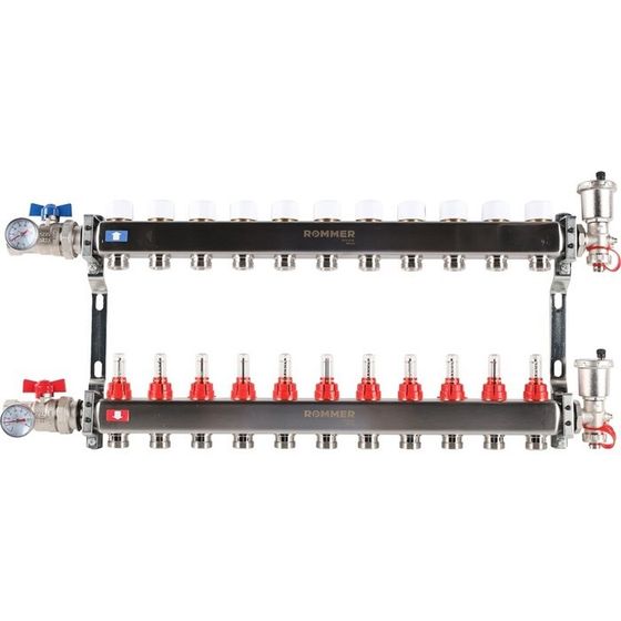 Коллектор ROMMER RMS-1210-000011, 1&quot;х3/4&quot;, 11 выходов, в сборе с расходомерами, нерж. сталь