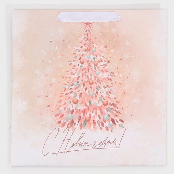 !09 Пакет (набор 2 штуки) подарочный новогодний ламинированный квадратный «Pink», 30 х 30 х 12 см.