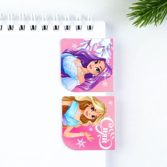 !09 Комплект из 2-х наборов - Подарочный набор новогодний, блокнот на спирали А6, 60 листов и магнитные закладки 2 шт. «Для девочек»