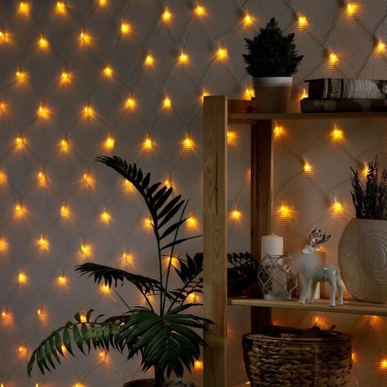 !09 Гирлянда «Сеть» 1.6 × 1.6 м, IP20, прозрачная нить, 144 LED, свечение жёлтое, 8 режимов, 220 В