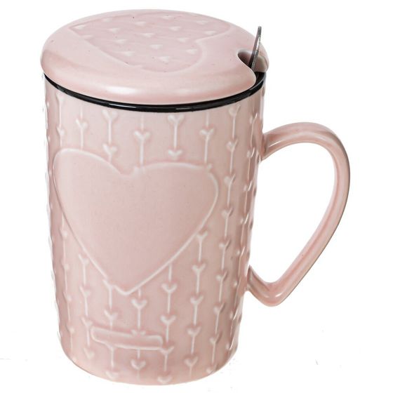 Кружка с крышкой и ложкой, 400 мл, L11,5 W8,5 H13 см, дизайн микс