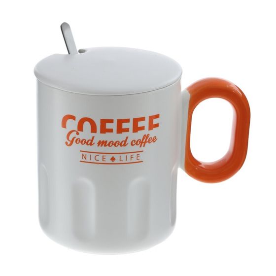 Кружка с крышкой и ложкой, L8,9 W8,9 H10,5 см, дизайн микс