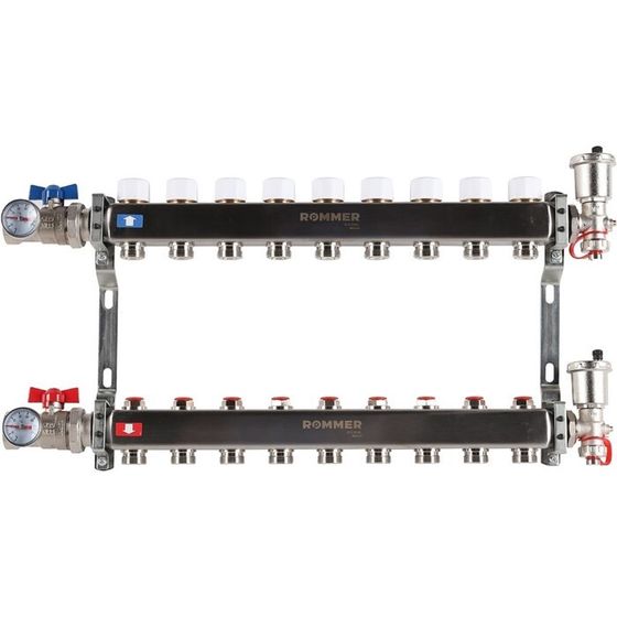 Коллектор ROMMER RMS-3210-000009, 1&quot;х3/4&quot;, 9 выходов, в сборе без расходомеров, нерж. сталь