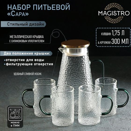 Набор для напитков Magistro «Сара», 5 предметов: кувшин 1,75 л, 4 кружки 300 мл, стекло