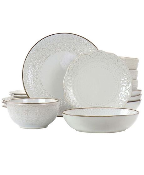 Josefina Embossed 16 Piece Double Bowl Stoneware Dinnerware Set, Service for 4