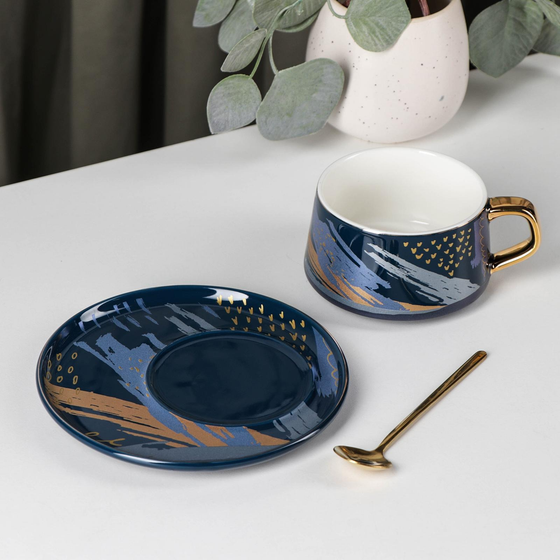 !09 Чайная пара «Пикассо», чашка 220 мл, блюдце d=15,5 см, цвет синий в подарочной коробке