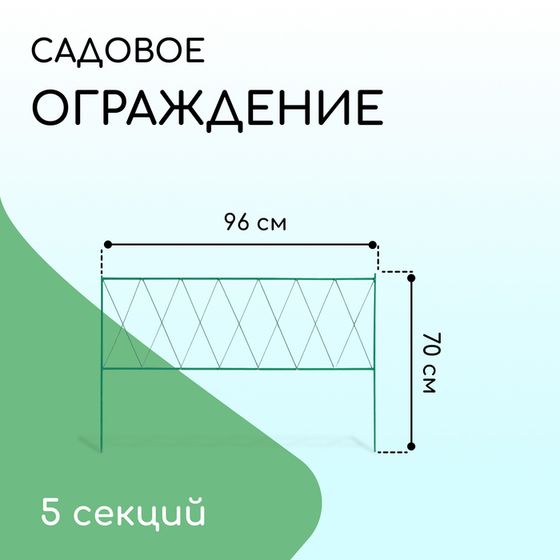 Ограждение декоративное, 70 × 482 см, 5 секций, металл, зелёное, «Буби»