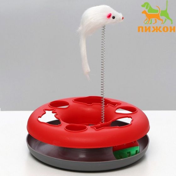 Игрушка для кошек &quot;Загадочный круг - Рыбки&quot;, мышь на пружине и шарик, 23х7 см,красная/серая