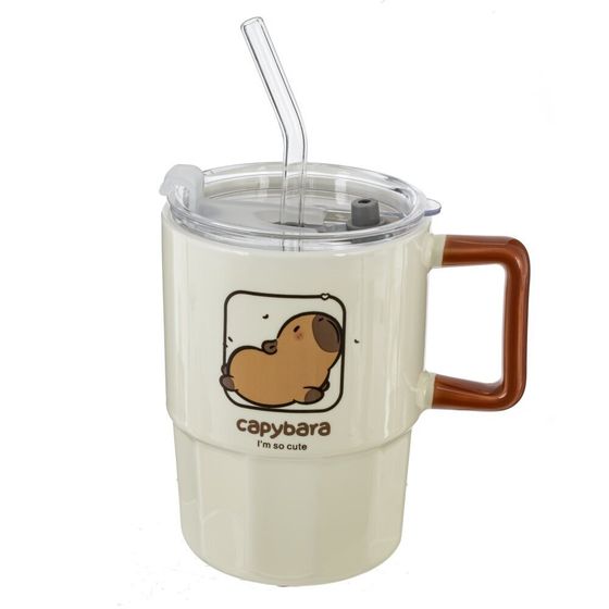 Кружка с крышкой и трубочкой, L8,8 W8,8 H12,2 см, дизайн микс