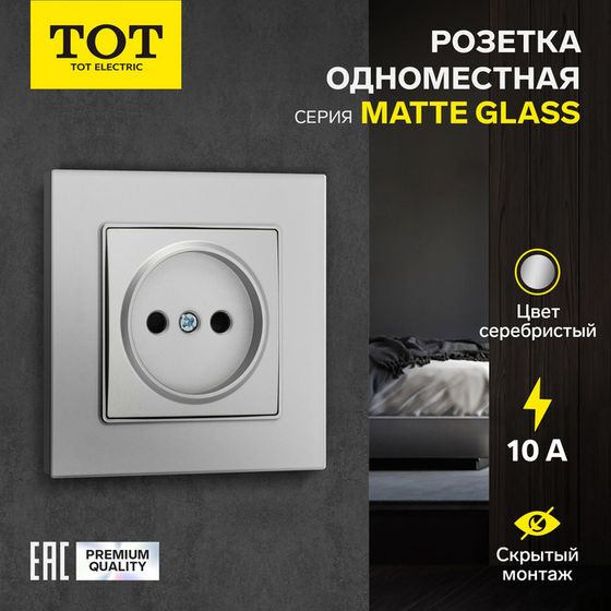 Розетка одноместная TOT Matte Glass, 10 А, скрытая, без з/к, стекло, серебристая