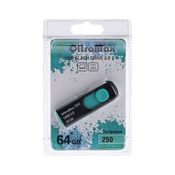 Флешка OltraMax 250, 64 Гб, USB2.0, чт до 15 Мб/с, зап до 8 Мб/с, бирюзовая