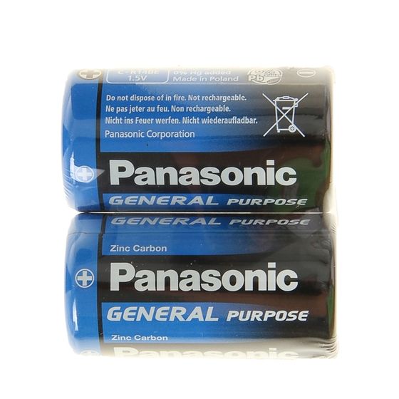 Батарейка солевая Panasonic General Purpose, C, R14-2S, 1.5В, спайка, 2 шт.