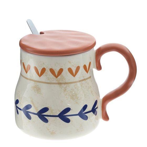 Кружка с крышкой и ложкой, L8,3 W8,3 H10,2 см, 1 штука, дизайн микс