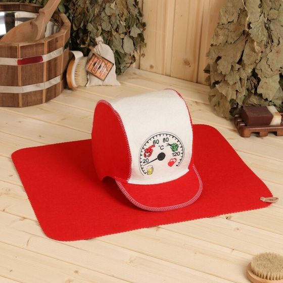 Набор для бани: шапка и коврик &quot;Градусы&quot; красный