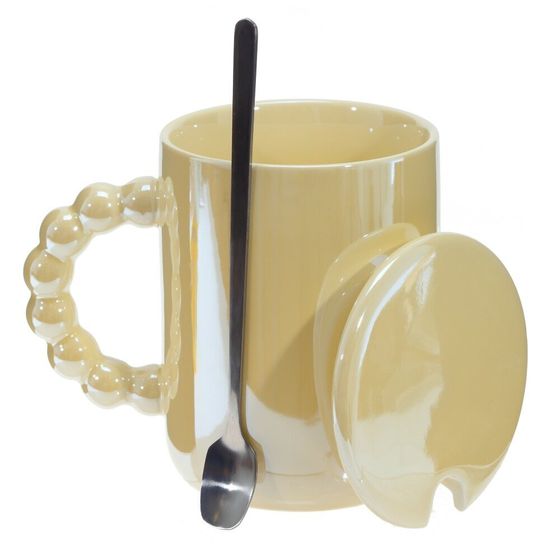 Кружка с крышкой и ложкой, 380 мл, L11,5 W9 H11 см, цвет микс