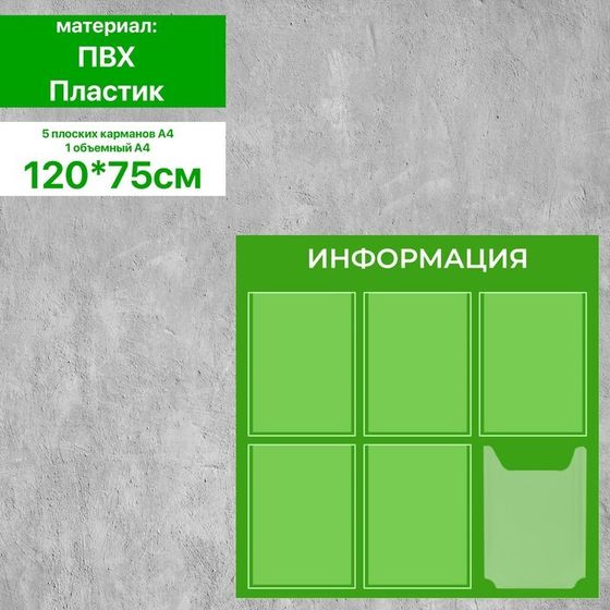 Информационный стенд «Информация» 6 карманов (5 плоских А4, 1 объемный А4), плёнка, цвет зелёный