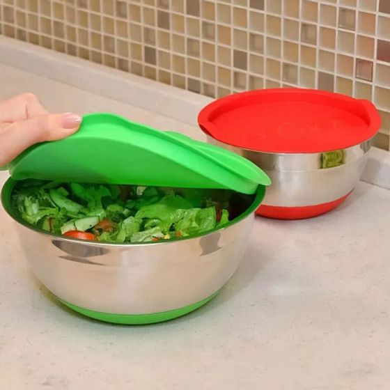 Набор стальных мисок MIX&amp;STORE 2шт, 1.5л2.4л с крышками, силиконовое дно