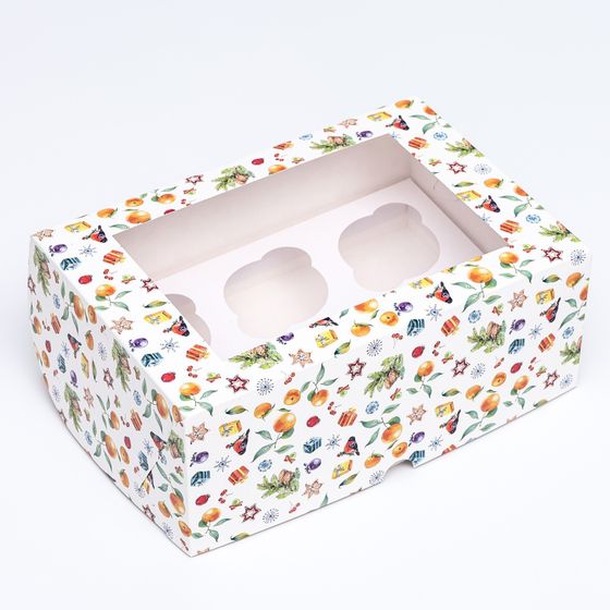 !Упаковка на 6 капкейков с окном "Новогоднее настроение", 25 х 17 х 10 см