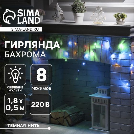Гирлянда «Бахрома» 1.8 × 0.5 м, IP20, тёмная нить, 48 LED, свечение мульти, 8 режимов, 220 В