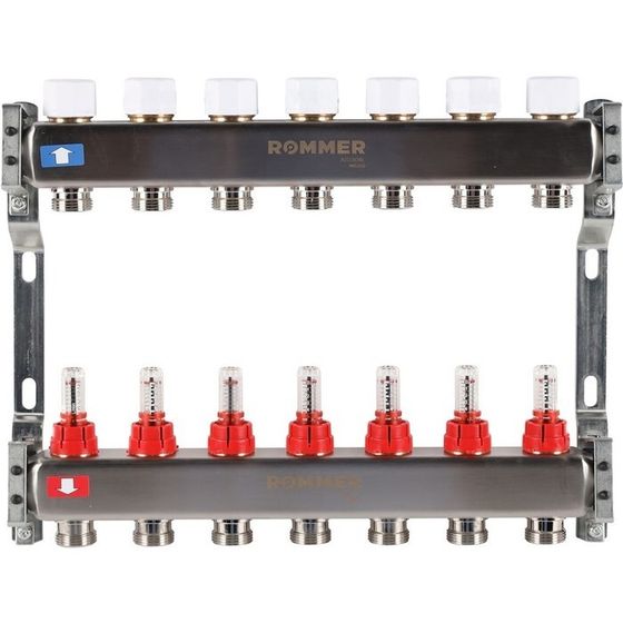 Коллектор ROMMER RMS-1200-000007, 1&quot;х3/4&quot;, 7 выходов, с расходомерами, нержавеющая сталь