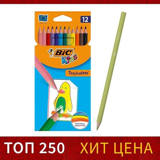 Карандаши 12 цветов, детские, шестигранные, BIC Kids Tropicolors, пластиковые, ударопрочный грифель 3.2мм, картонная упаковка