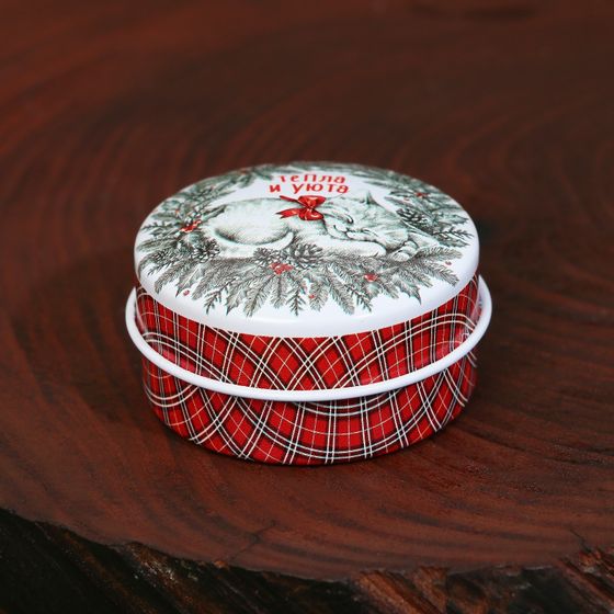 !09 Новогодняя свеча (набор 2 штуки) в железной банке «Тепла и уюта», аромат вишня, диам. 4,8 см.