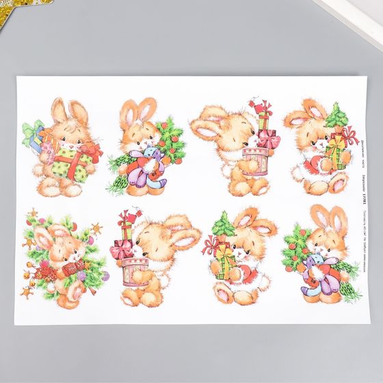 !09 Декупажная карта 2 листа "Голубые и розовые кролики" +Зайчики с подарками" плотность 45г/м2 формат А4
