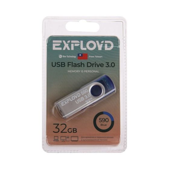 Флешка Exployd 590, 32 Гб, USB3.0, чт до 70 Мб/с, зап до 20 Мб/с, синяя