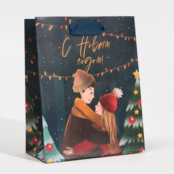 !09 Пакет (набор 16 штук) подарочный ламинированный новогодний «Поцелуй зимы» 12 × 15 × 5,5 см.