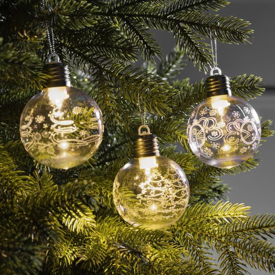 !09 Набор ёлочных шаров «Игра искр», 3 шт., 8×10 см, 1 LED, от батареек, свечение тёплое белое