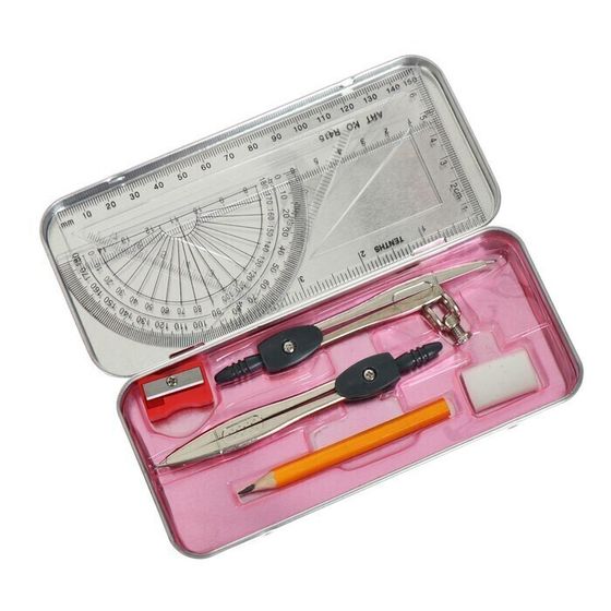 !09 Набор из 2-х готовален: Готовальня Mazari состоит из 9 предметов: 2 циркуля, угольник (60 х 30 х 90), угольник (45 х 45 х 90), линейка (15 см), транспортир, карандаш, ластик, точилка